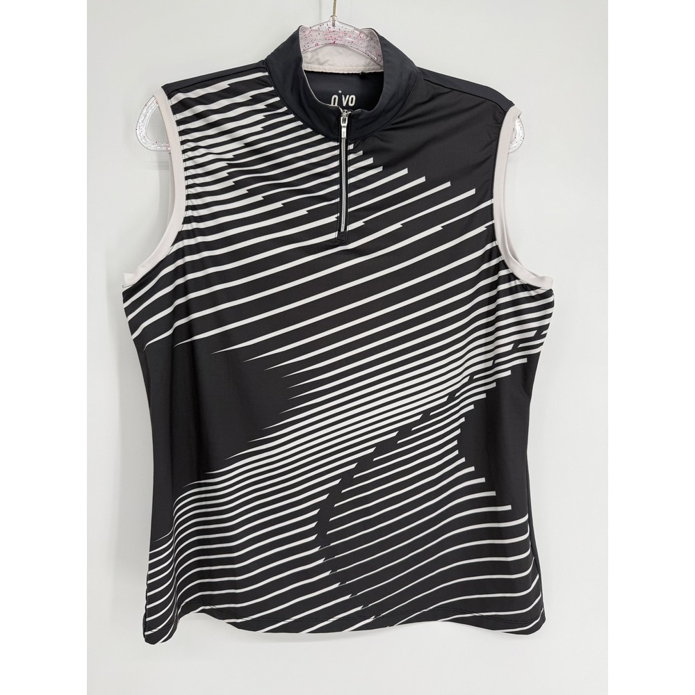 Nivo Sport Womens Golf Polo Sleeveless Quarter Zip Black White Striped Top Sz XL